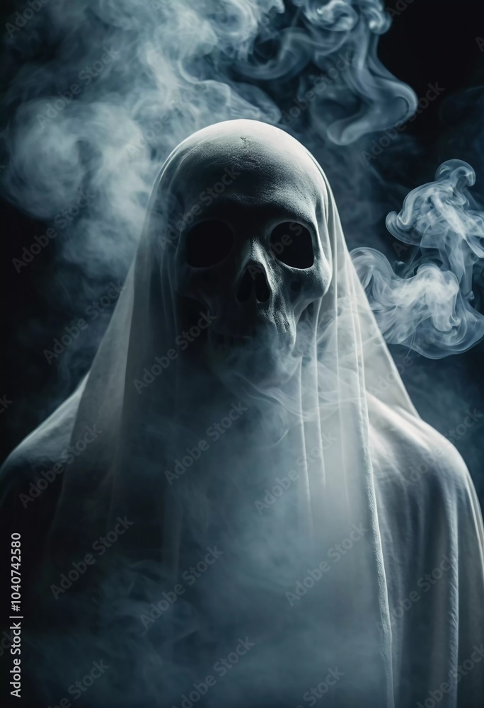 Ghostly figure looms in the dark. Swirling mist. Eerie atmosphere. Ghost drapes a flowing, translucent gown that blends into the fog, creating an unsettling visual. Feeling of fear and mystery. AI Ghostly figure looms in the dark. Swirling mist. Eerie atmosphere. Ghost drapes a flowing, translucent gown that blends into the fog, creating an unsettling visual. Feeling of fear and mystery. AI