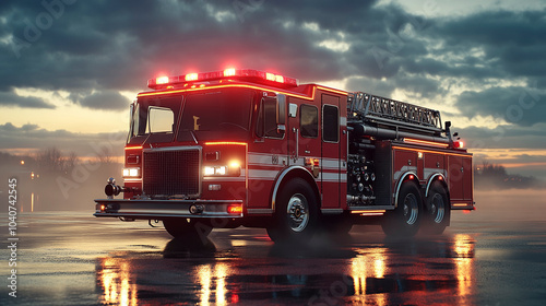 Fire Truck with Flashing Red Lights on a Wet Road photo