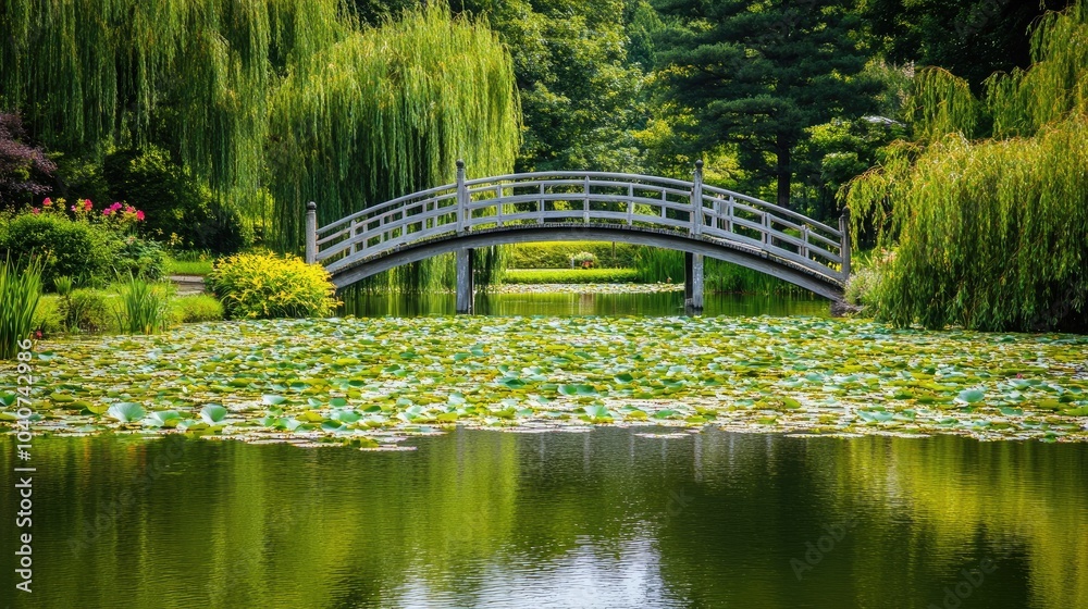 Serene Garden with Bridge and Water Lilies Serene Garden with Bridge and Water Lilies