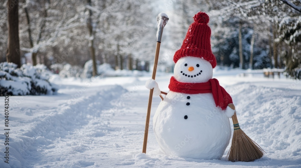Fototapeta premium snowman with scarf and hat in snowy park.