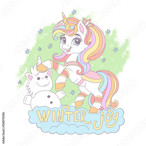 Christmas card with Cute Cartoon Unicorn and snowman vector