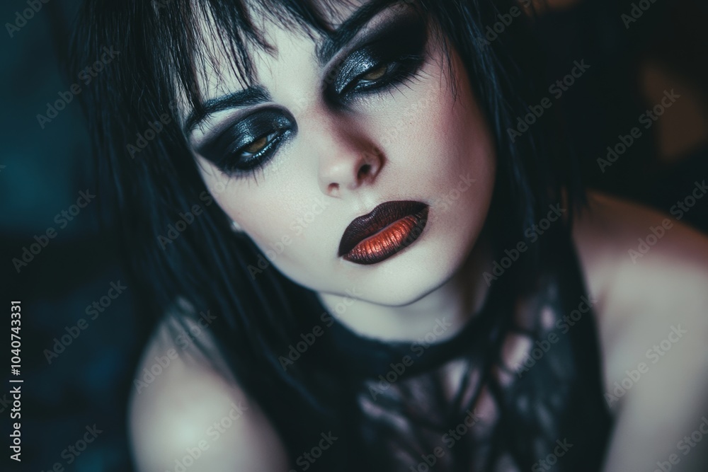 Gothic-inspired portrait of a woman with striking makeup and dark attire in an atmospheric setting Gothic-inspired portrait of a woman with striking makeup and dark attire in an atmospheric setting