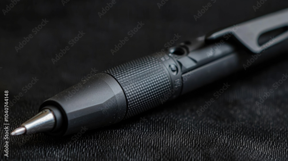 Close-up of a black tactical pen with a textured grip. Close-up of a black tactical pen with a textured grip.