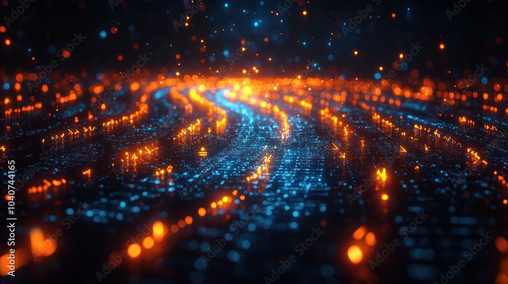 Obraz premium Abstract glowing waves of orange and blue lights in a digital space.