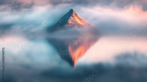 Misty mountain reflected on sea, Generative AI