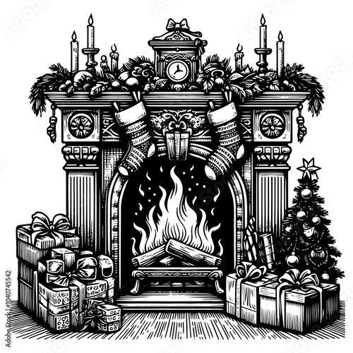 Cozy fireplace decorated for Christmas with gifts and greenery. Vector, generative ai.
