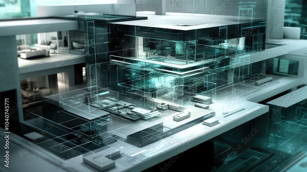 Modern architecture development with holographic plans Modern architecture development with holographic plans