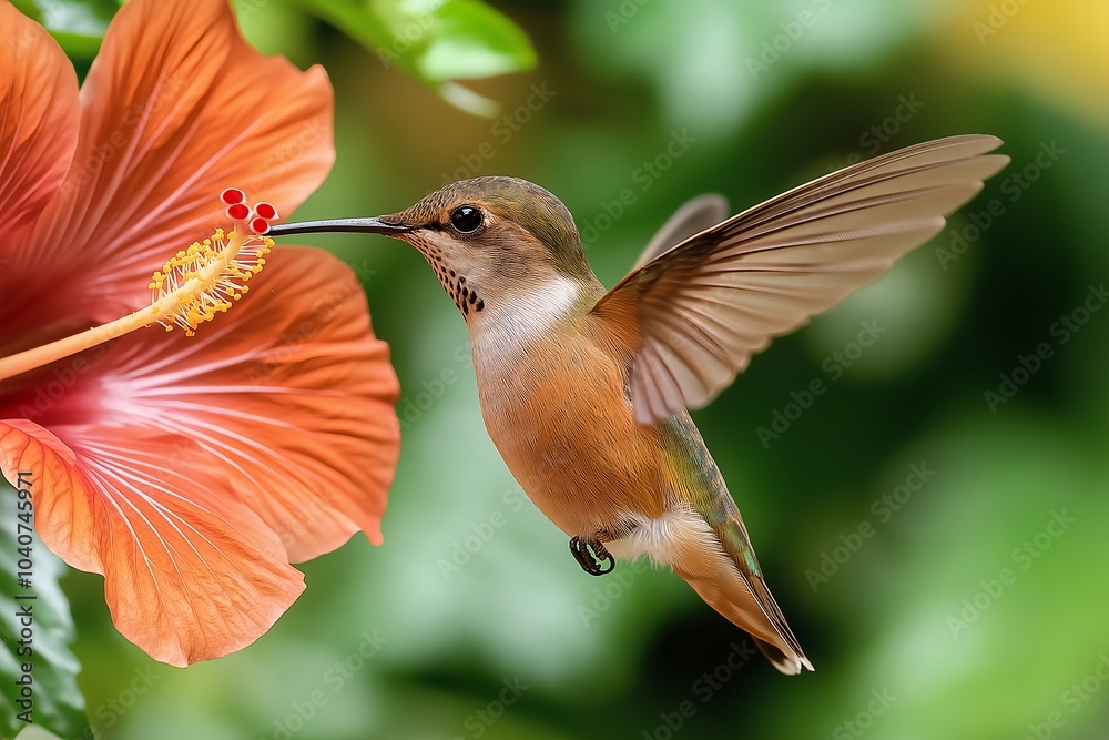 Fototapeta premium A Colorful Hummingbird in Flight, Sipping Nectar From a Bright Red Hibiscus Flower in a Tropical Garden