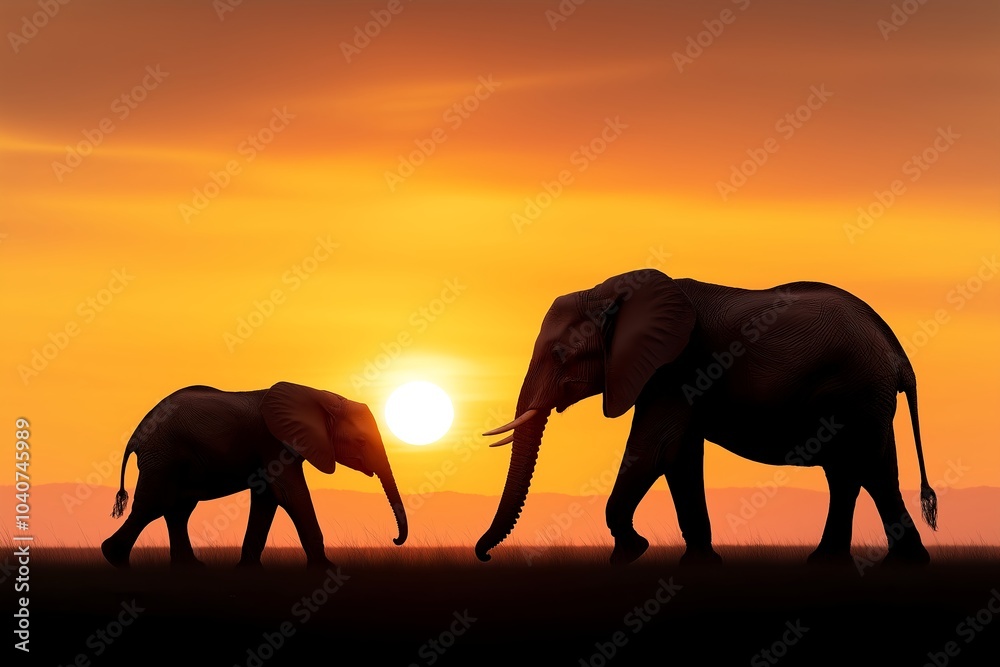 A Pair of Majestic Elephants Walking Across a Savannah at Sunset, Silhouetted Against the Sky A Pair of Majestic Elephants Walking Across a Savannah at Sunset, Silhouetted Against the Sky