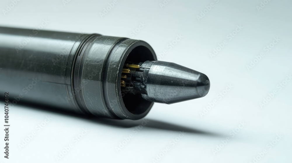 Close-up of a gray and green bullet with a pointed tip. Close-up of a gray and green bullet with a pointed tip.