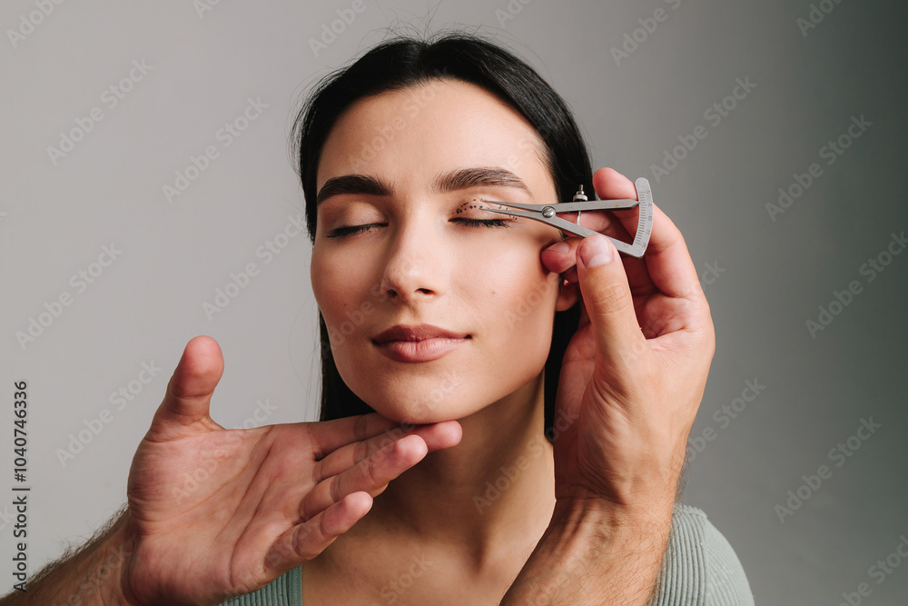 Obraz premium Blepharoplasty marking up. Plastic surgeon is measuring distance in between marking lines for well planned blepharoplasty. Using Castroviejo caliper to draw symmetrical contour for eyelid surgery.