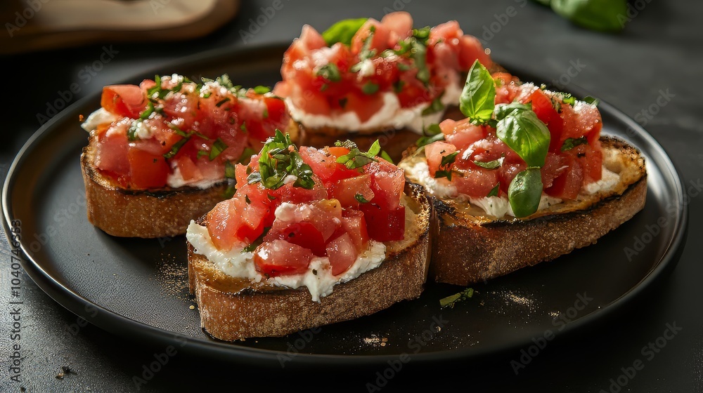 Italian bruschetta on black plate. Dark plate with italian foods. Ultra realistic. Photorealistic Italian bruschetta on black plate. Dark plate with italian foods. Ultra realistic. Photorealistic