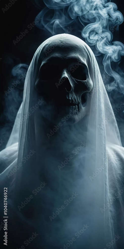 Ghostly figure looms in the dark. Swirling mist. Eerie atmosphere. Ghost drapes a flowing, translucent gown that blends into the fog, creating an unsettling visual. Feeling of fear and mystery. AI Ghostly figure looms in the dark. Swirling mist. Eerie atmosphere. Ghost drapes a flowing, translucent gown that blends into the fog, creating an unsettling visual. Feeling of fear and mystery. AI