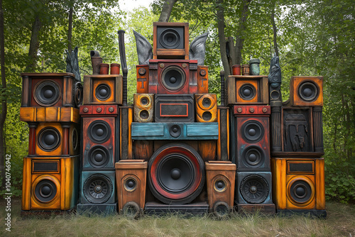 technical equipment, large stack of wooden custom speakers in different sizes ans styles, forest garden party, vintage retro sound system, boxes, loudspeakers, rave, techno, goa, trance, edm, photorea photo