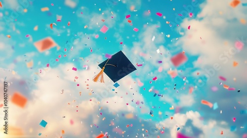 Graduation cap tossed in the air with confetti