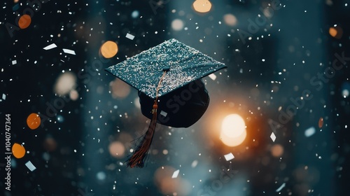 Graduation cap tossed in the air with confetti