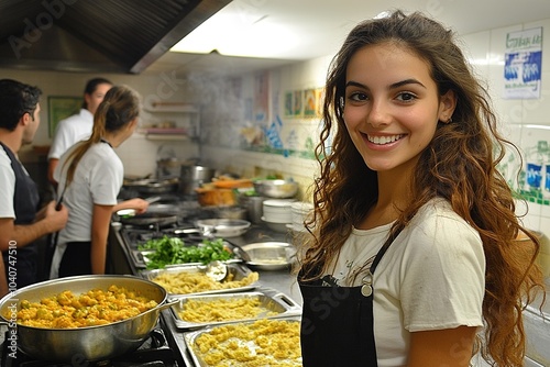 Young waitress smiling in a restaurant kitchen with team working