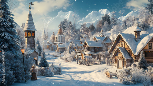 Enchanted Christmas Winter Landscape with Snow Drifts, Mountain Village, Forest Pines, and Wildlife Featuring Deer and Foxes in a Serene Holiday Setting