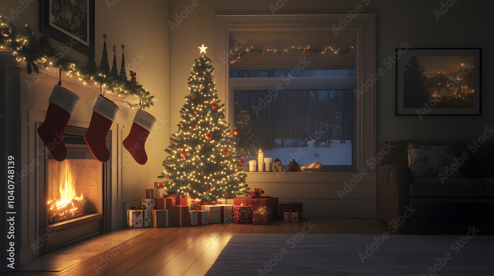 Cozy Living Room with Christmas Tree and Fireplace Cozy Living Room with Christmas Tree and Fireplace