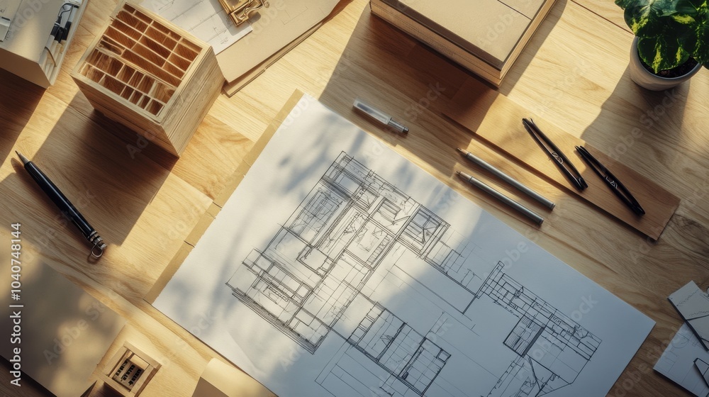 Fototapeta premium Architectural plans and models on a wooden desk.