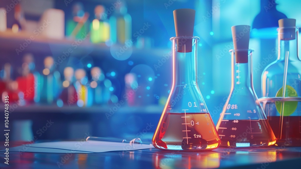 Three Erlenmeyer Flasks on a Lab Table with Blurred Background Three Erlenmeyer Flasks on a Lab Table with Blurred Background