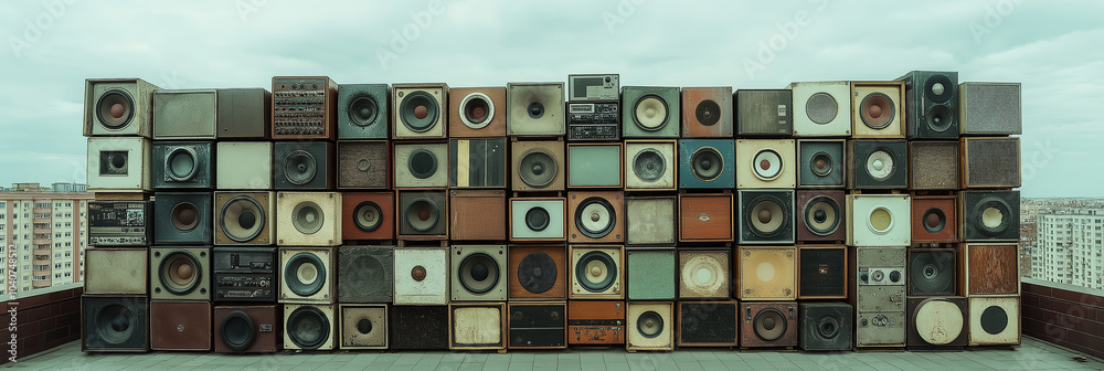 technical equipment, panorama, large stack of vintage speakers in ...