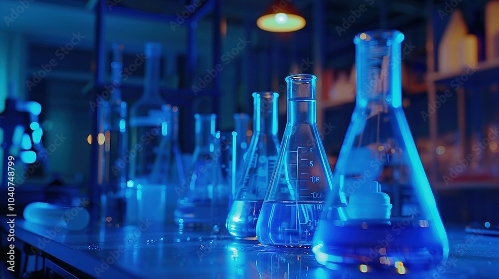 Laboratory Erlenmeyer Flasks Illuminated with Blue Light Laboratory Erlenmeyer Flasks Illuminated with Blue Light