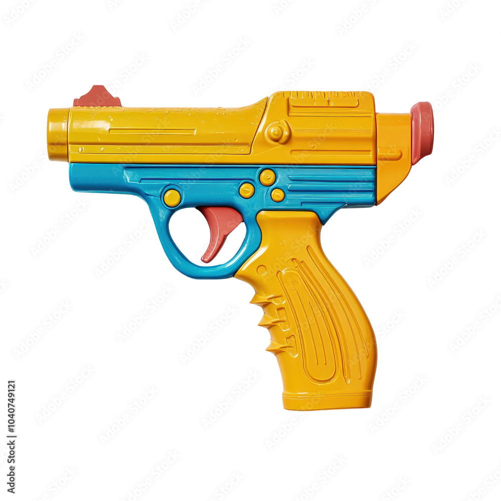 Colorful toy gun, playful design, white isolated background