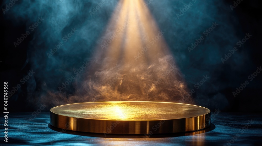 Obraz premium Golden Spotlight on Empty Stage with Dramatic Smoke and Shadows in a Dark Atmospheric Setting