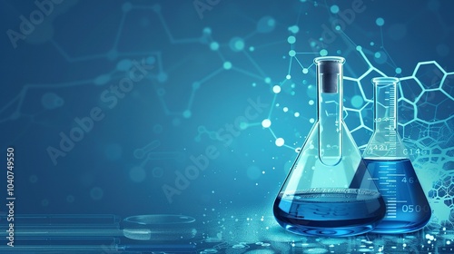 Two Glass Erlenmeyer Flasks Filled with Blue Liquid on a Blue Background with a Molecular Structure Overlay