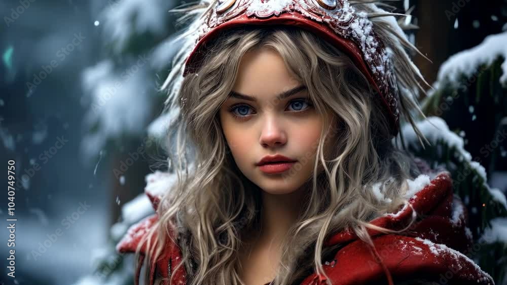 Young elf in magical forest in winter, face of elven girl on snow background, portrait of cute teen wearing red medieval costume. Concept of fantasy, character. Young elf in magical forest in winter, face of elven girl on snow background, portrait of cute teen wearing red medieval costume. Concept of fantasy, character.