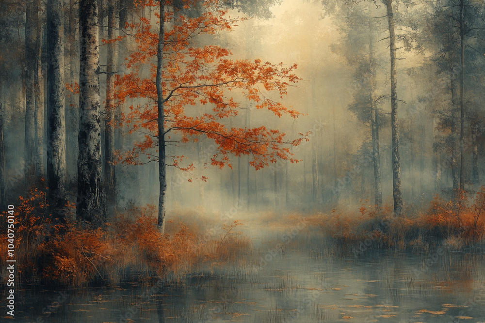 Obraz premium A painting of a forest with a tree in the foreground
