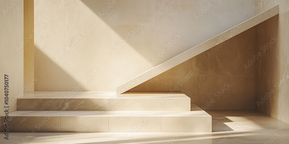 A minimalist interior featuring stairs and angular surfaces with soft lighting. A minimalist interior featuring stairs and angular surfaces with soft lighting.