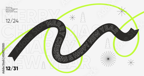 Modern geometric holiday poster featuring bold typography and a ribbon design for Christmas and New Year 2025. Minimalist black, white, and neon green elements on a clean layout.