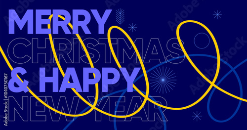 Wallpaper Mural Modern geometric poster for Christmas and New Year 2025 with bold blue typography, accented by swirling yellow lines. Minimalist design with abstract festive elements on a dark background. Torontodigital.ca