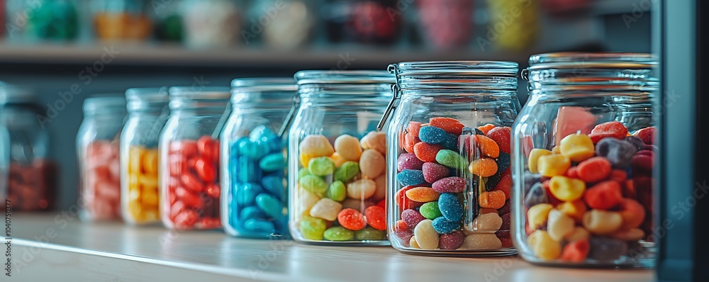 An array diverse and colorful candies displayed in glass jars, inviting a sense nostalgia. An array diverse and colorful candies displayed in glass jars, inviting a sense nostalgia.