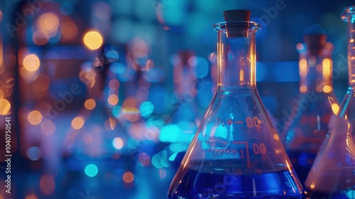 A close-up shot of a glass flask filled with blue liquid, with bokeh lights in the background.