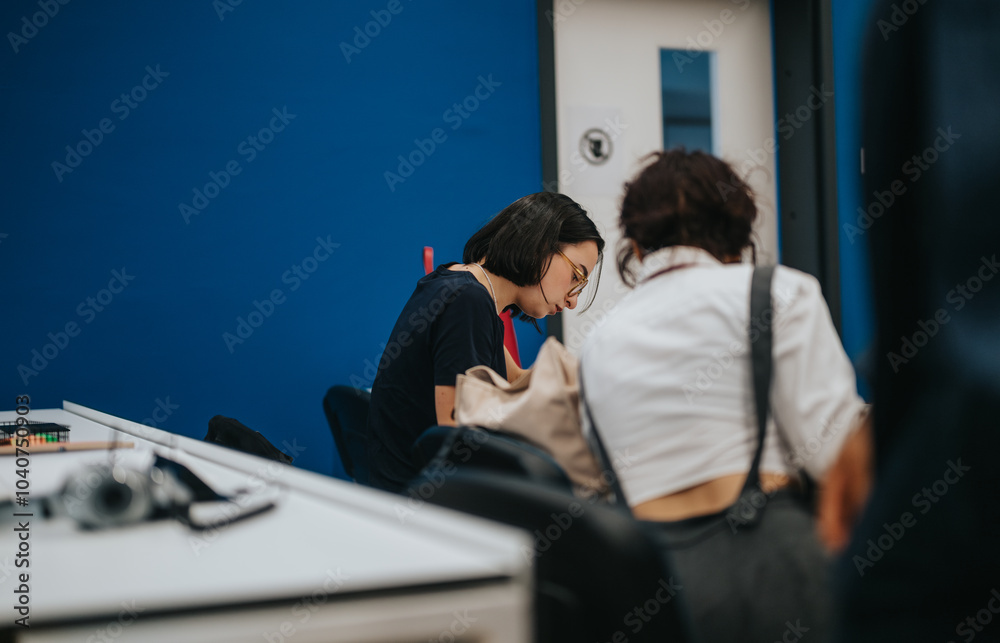 A classroom scene with students actively working on assignments, guided by a professor. The environment promotes learning, collaboration, and focus. Ideal for education, teamwork, and academic themes. A classroom scene with students actively working on assignments, guided by a professor. The environment promotes learning, collaboration, and focus. Ideal for education, teamwork, and academic themes.