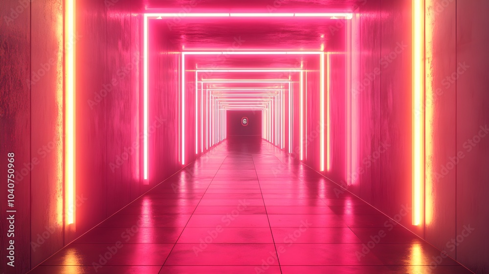 Modern architectural tunnel, gold reflective surfaces with vibrant pink neon lights, floating holograms, futuristic, 3D render, cool-toned, smooth textures Modern architectural tunnel, gold reflective surfaces with vibrant pink neon lights, floating holograms, futuristic, 3D render, cool-toned, smooth textures