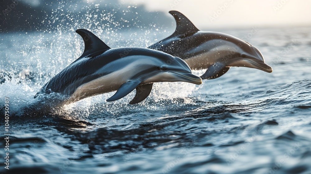 Obraz premium Dynamic capture of dolphins breaking through the water's surface, splashing and racing alongside each other in the open sea, showing natural harmony