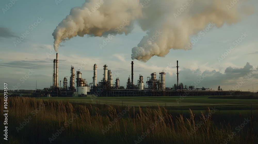 Obraz premium A large industrial plant with a lot of smoke coming out of it. The smoke is thick and dark, and it seems to be coming from the top of the plant. The sky is cloudy, and the sun is setting