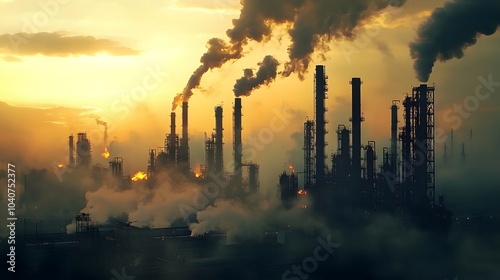 A large industrial plant with smoke billowing out of it. The sky is orange and the sun is setting