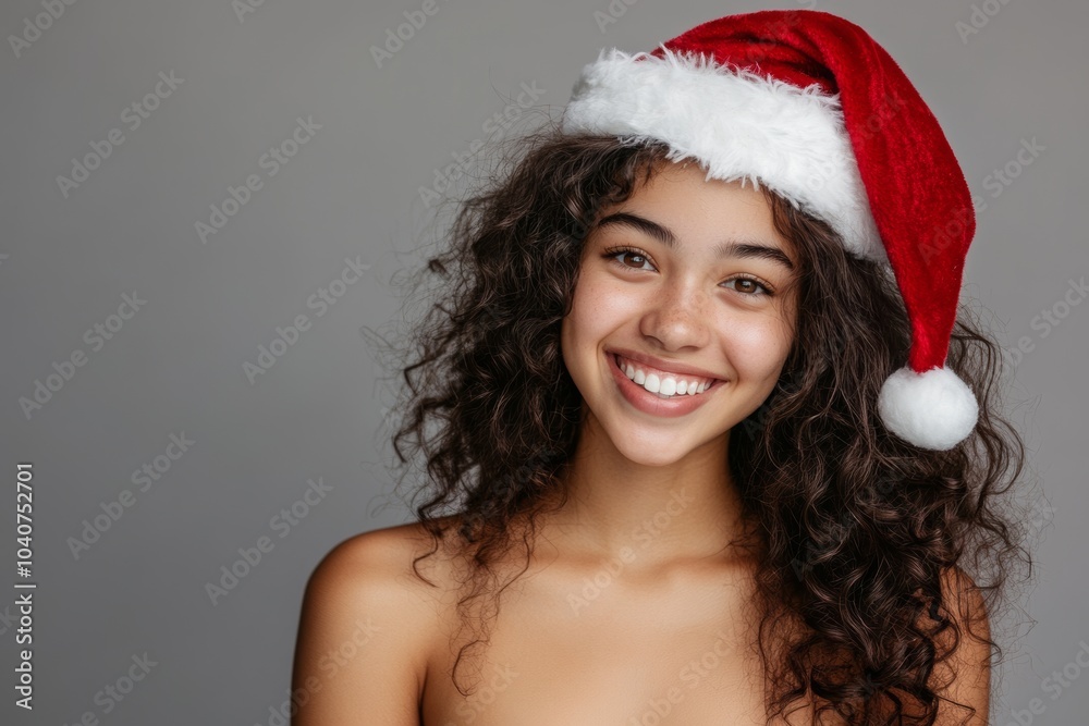 Happy young woman wearing a Santa hat smiles joyfully against a neutral background during the festive holiday season Happy young woman wearing a Santa hat smiles joyfully against a neutral background during the festive holiday season