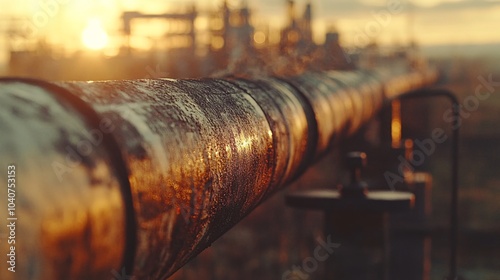 A close-up shot of a pipeline coated with a durable, rust-resistant industrial coating, with a blurred background of a refinery or factory, in a realistic and gritty style, similar to a stock footage  photo