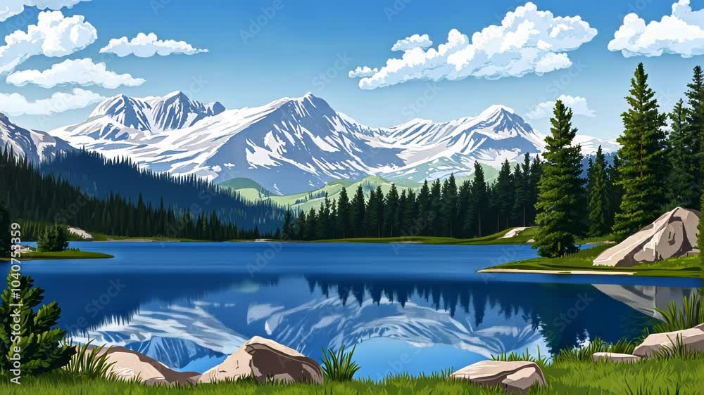 A serene landscape featuring mountains, a lake, and lush greenery under a bright sky. A serene landscape featuring mountains, a lake, and lush greenery under a bright sky.