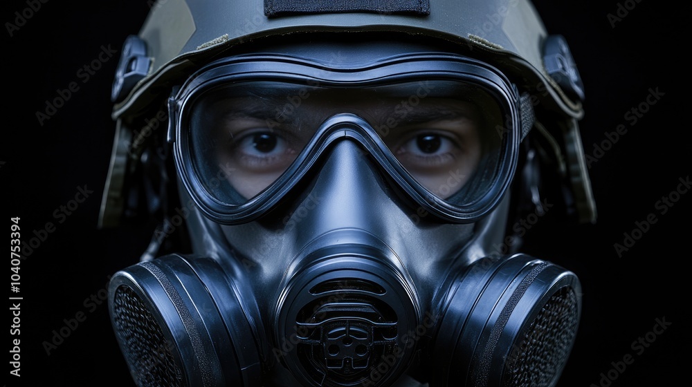 Close-up portrait of a man wearing a gas mask and helmet against a black background. Close-up portrait of a man wearing a gas mask and helmet against a black background.