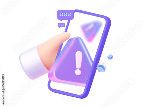 3D scam alert on a mobile phone with an error notice and a warning about spam or hacking attacks. In a holographic style