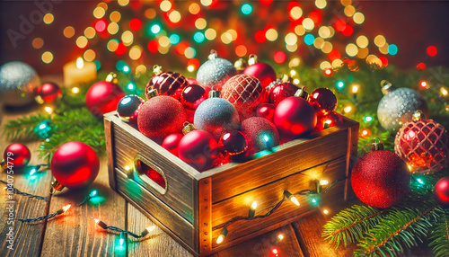 Wooden box filled with red and silver Christmas ornaments surrounded by colorful string lights and festive bokeh. photo