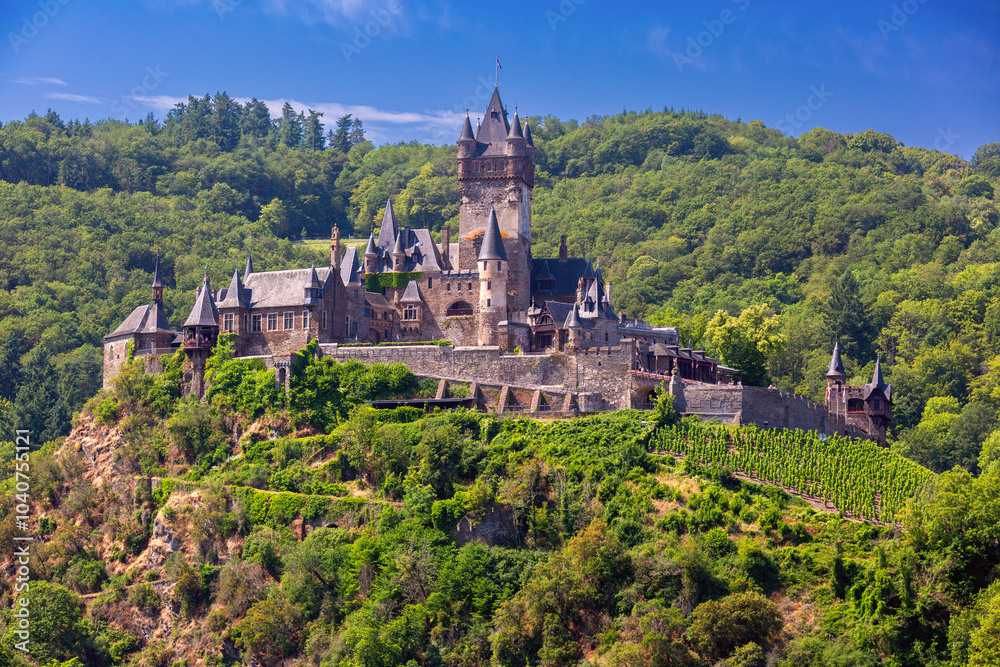 Picturesque view of Cochem and Reichsburg castle on the Mosel river, Germany