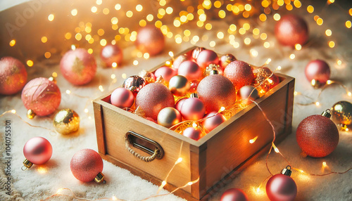 Wooden box filled with pink and gold Christmas ornaments surrounded by twinkling lights. photo